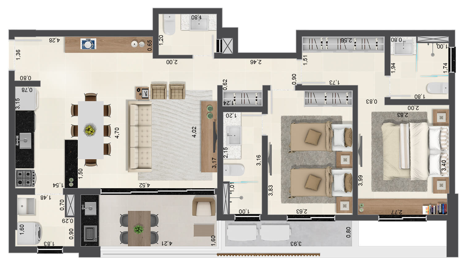 Apartamentos de 2 suítes com 85,58m² - Finais 01, 02, 05 e 06 - Torre B - Aruna Ubatuba